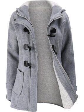 Women Lightgray Spread Collar Horn Button Fleece Zip Front Pockets Military Coat